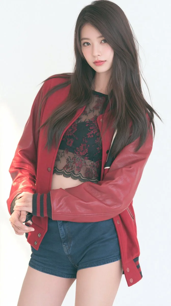 A front-facing Japanese idol-style portrait in a red varsity jacket and denim shorts against an all-white seamless backdrop.