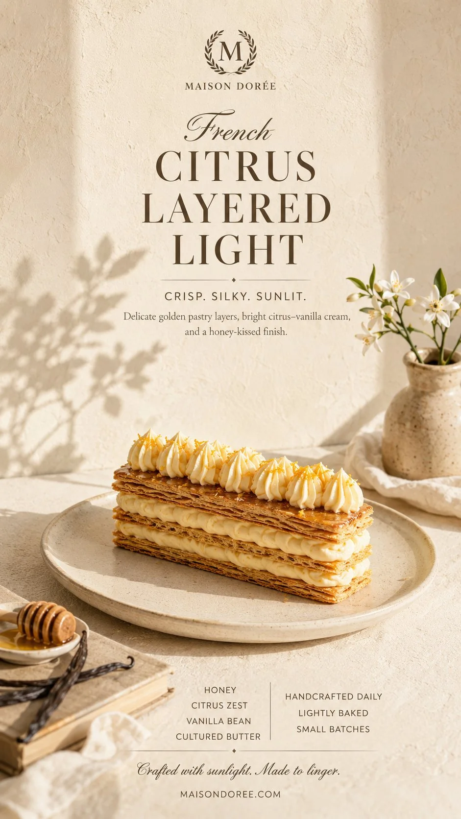 Premium French pâtisserie advertising poster featuring a citrus mille-feuille hero dessert with refined typography and ingredient panels.