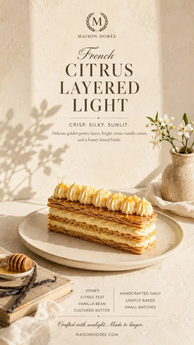 Premium French pâtisserie advertising poster featuring a citrus mille-feuille hero dessert with refined typography and ingredient panels.
