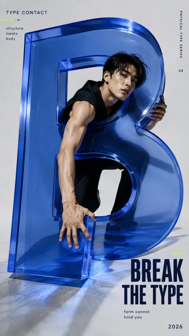 A Type Contact poster titled BREAK THE TYPE with a male model physically emerging through and gripping a translucent blue sculptural letter B, with editorial typography and realistic shadows.