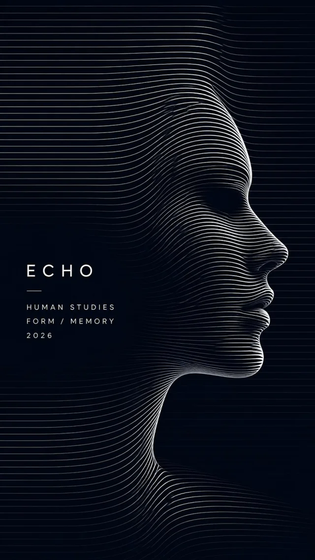 A dark ECHO op-art poster where fine white raster lines deform into the side profile of a human face, with minimal Human Studies typography and negative space.