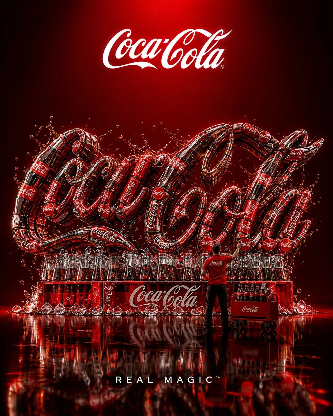 A monumental 3D brand sculpture built from real product elements with a small human for scale, logo top center, and slogan bottom center.