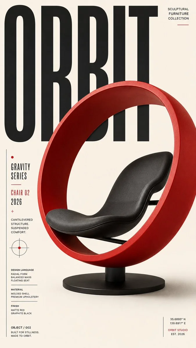 A sculptural furniture editorial poster for the Gravity series, featuring a red circular ring chair with black seat and oversized ORBIT typography.
