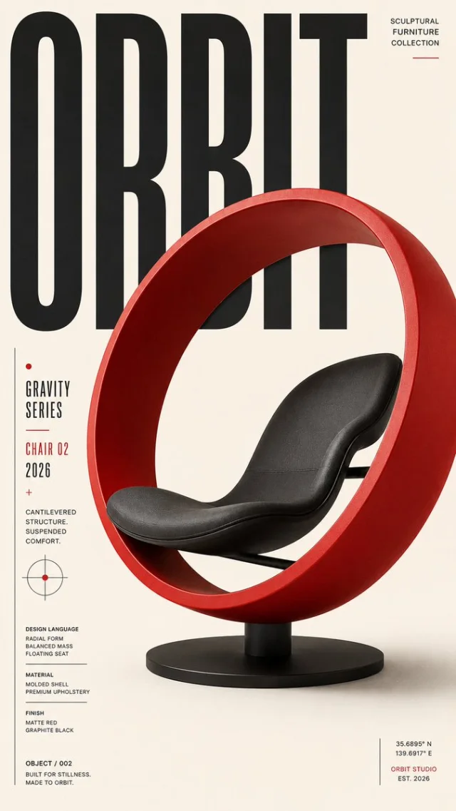 A sculptural furniture editorial poster for the Gravity series, featuring a red circular ring chair with black seat and oversized ORBIT typography.