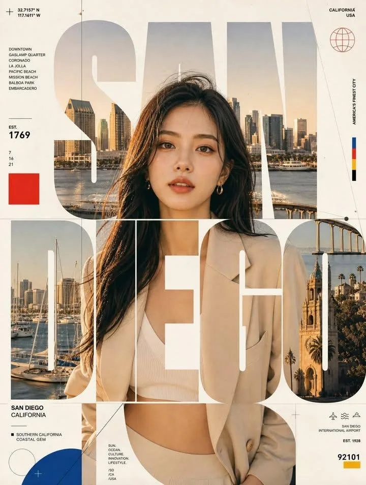 A Swiss-style SAN DIEGO poster with a Korean female idol portrait, giant white typography over marina and cityscape imagery, warm coastal background, geometric grid marks, and editorial captions.