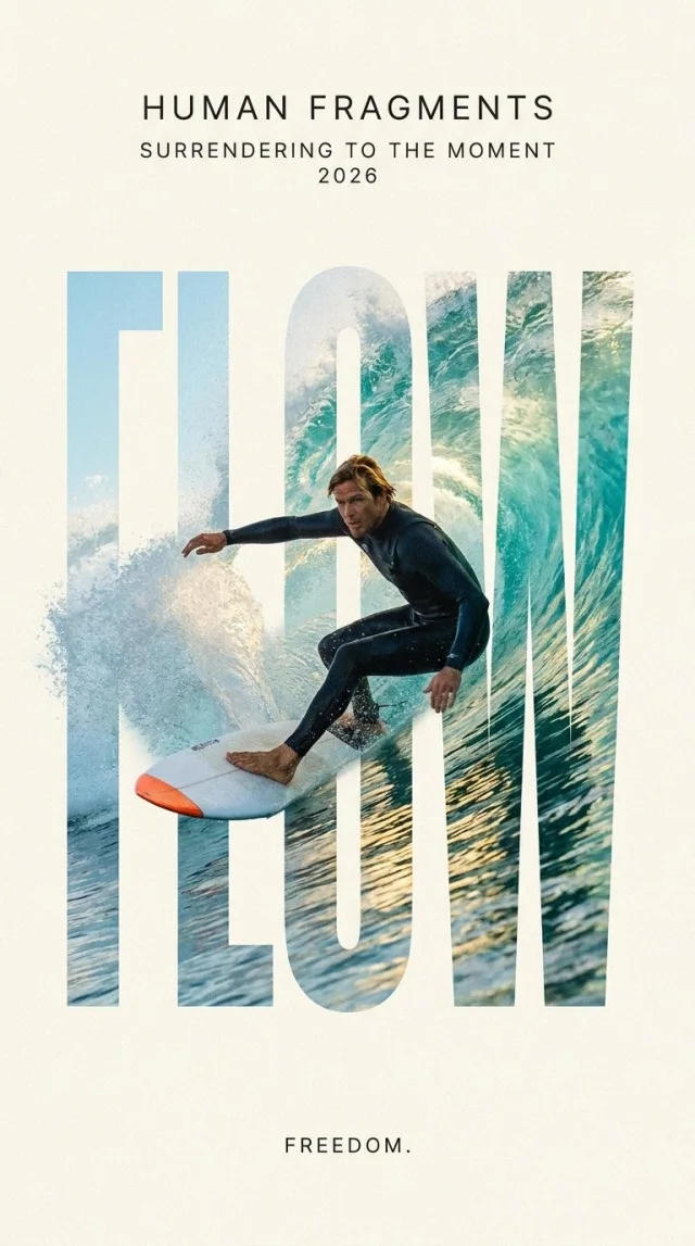 A 9:16 HUMAN FRAGMENTS editorial poster with oversized cropped letters framing a surfer and the wave/board extending beyond the type.