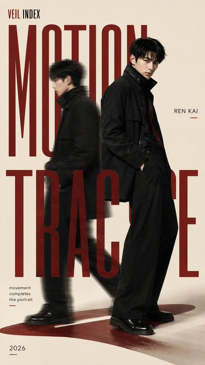 A Veil Index motion-trace poster showing the same character in full figure movement with black clothing, burgundy editorial type, ivory background, and consistent campaign visual language.