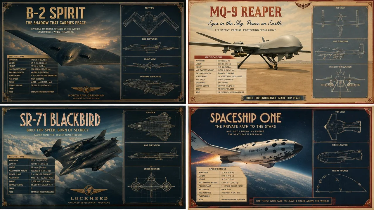 A 2x2 grid of premium archival retro technical posters for B-2 Spirit, MQ-9 Reaper, SR-71 Blackbird, and SpaceShipOne, each with hero render, headline, specification table, and blueprint insets.
