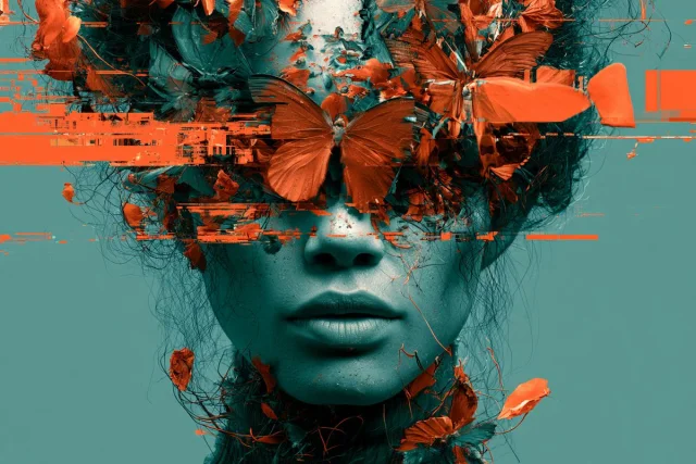 A teal-faced surreal collage portrait with orange butterfly/glitch fragments and horizontal datamosh streaks.