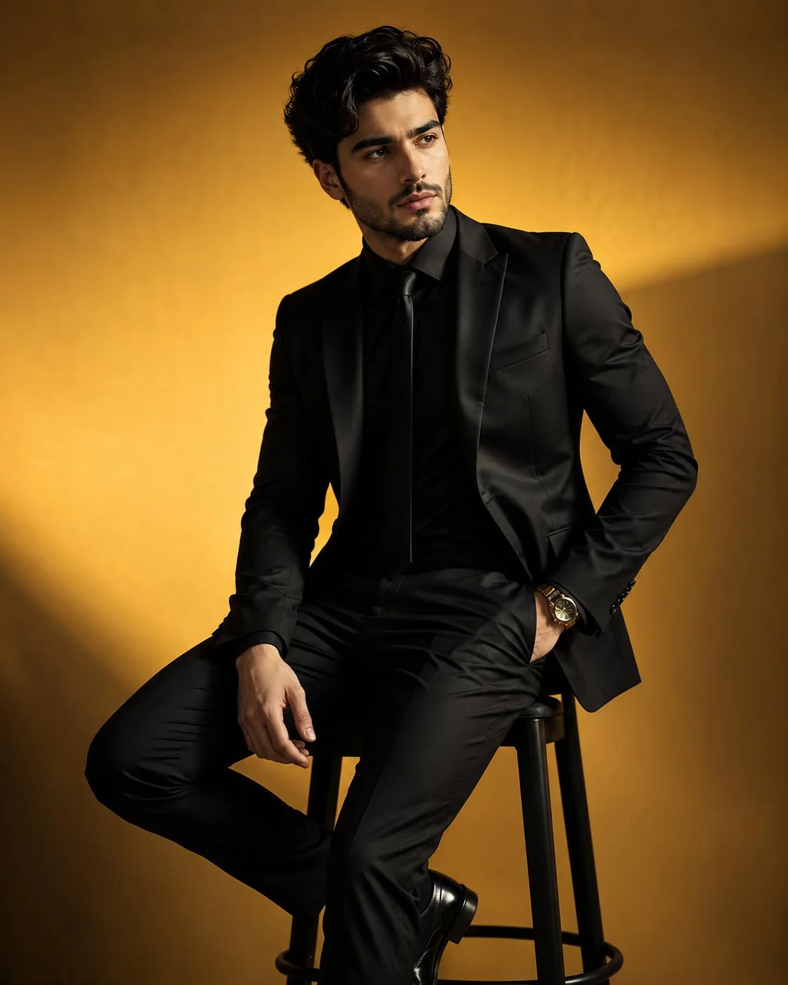 An ultra-premium cinematic fashion editorial portrait of a young man in a tailored black suit with a golden-yellow studio background and soft rim light.