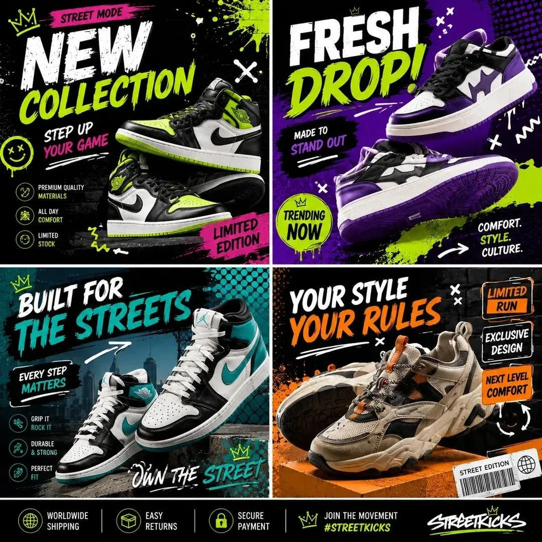 A pop-art product campaign collage variation with vibrant sections, bold typography, and a premium realistic product render.