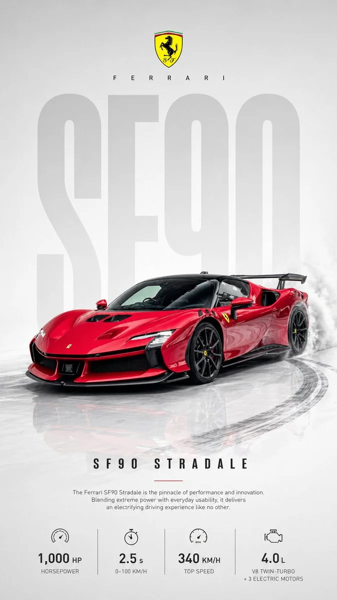 A minimalist car poster with the vehicle in front three-quarter drifting angle, white gradient background, and branded title.