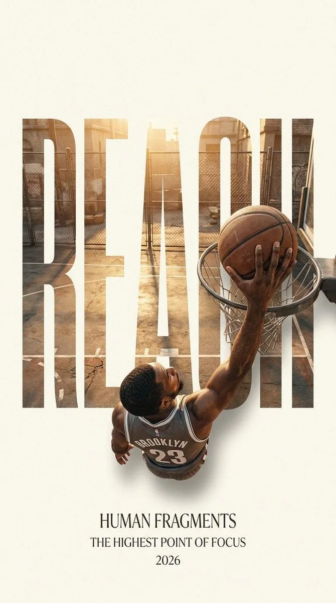 A HUMAN FRAGMENTS poster variation with large typography as windows and a basketball player reaching above the rim beyond the letters.