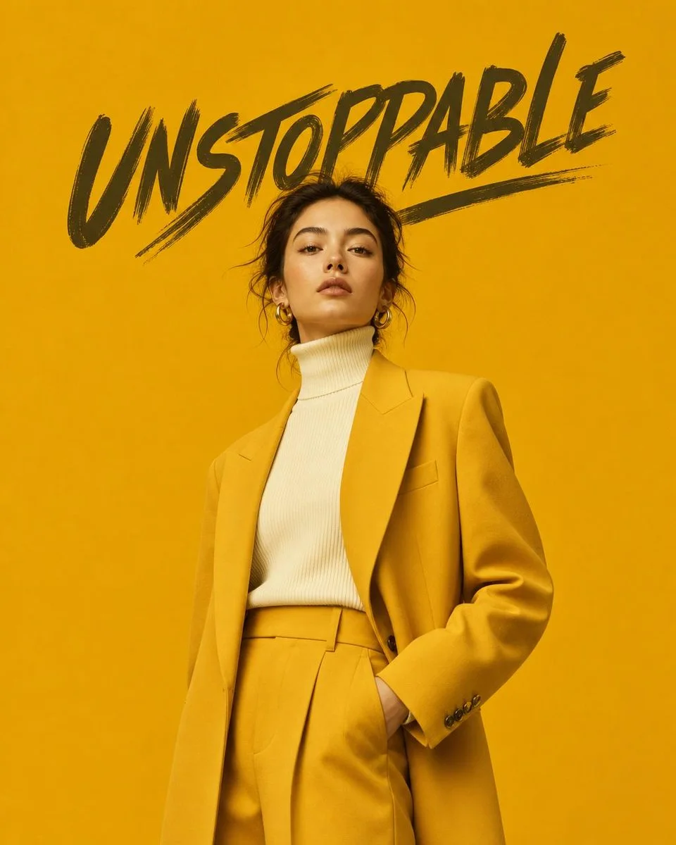 A monochromatic editorial fashion portrait variation with centered model, clean negative space, and large brush-style top word.