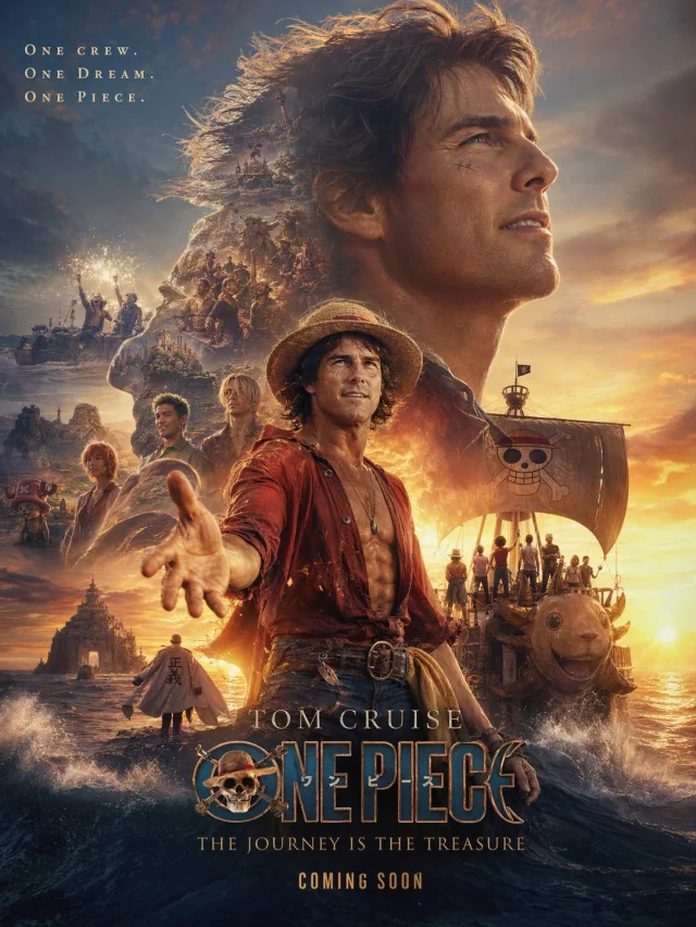 A cinematic One Piece-inspired double-exposure movie poster with a large heroic face silhouette, crew scenes, pirate ship, ocean sunset, and emotional journey typography.