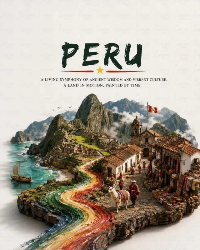 A 4:5 travel poster with bold hand-brushed country lettering on cream and a photorealistic landscape diorama with a flag-colored paint river below.