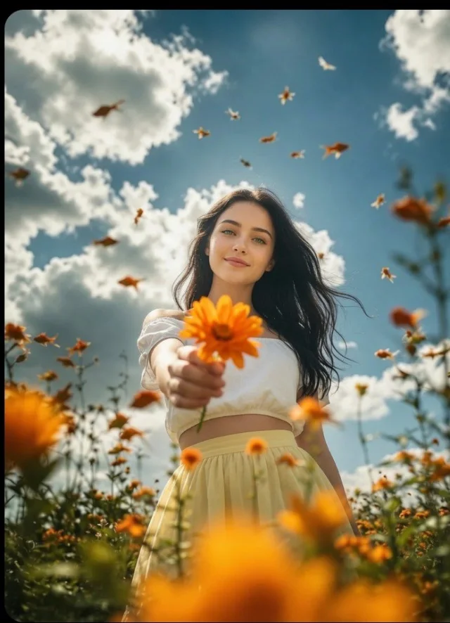 A Vogue-inspired cinematic fashion editorial of a woman in a golden flower field offering a single orange flower, with golden fish flying through a blue cloudy sky.