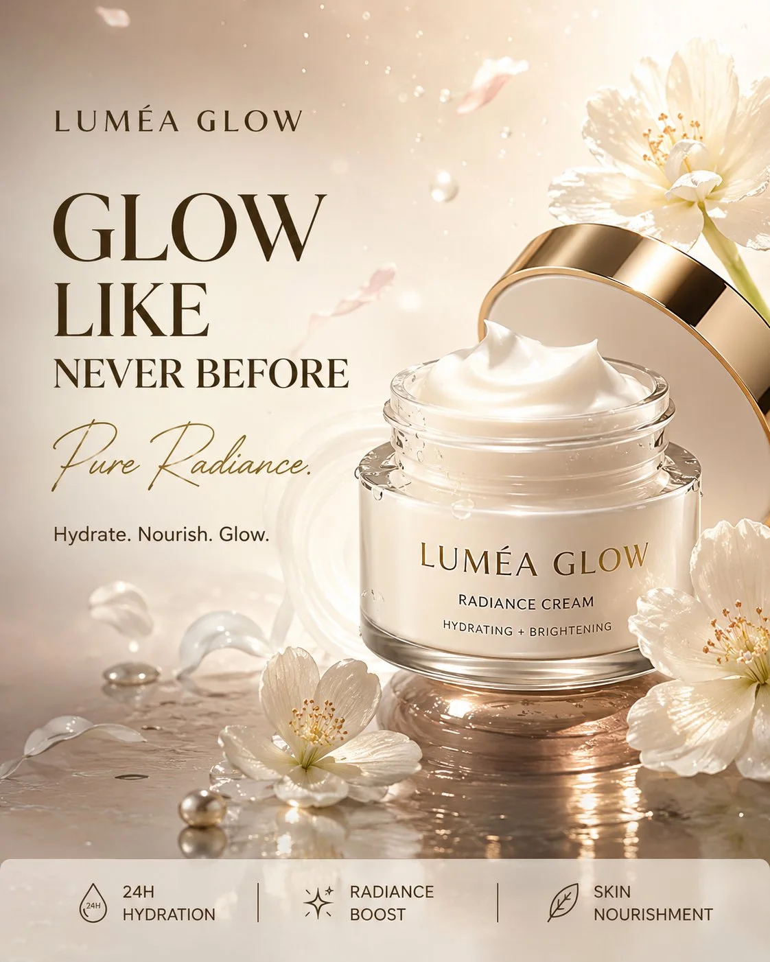 A premium photorealistic 4:5 skincare advertisement for a luxury face cream "LUMÉA GLOW" with a frosted-glass jar, white flowers, and elegant typography on a pearl-white palette.