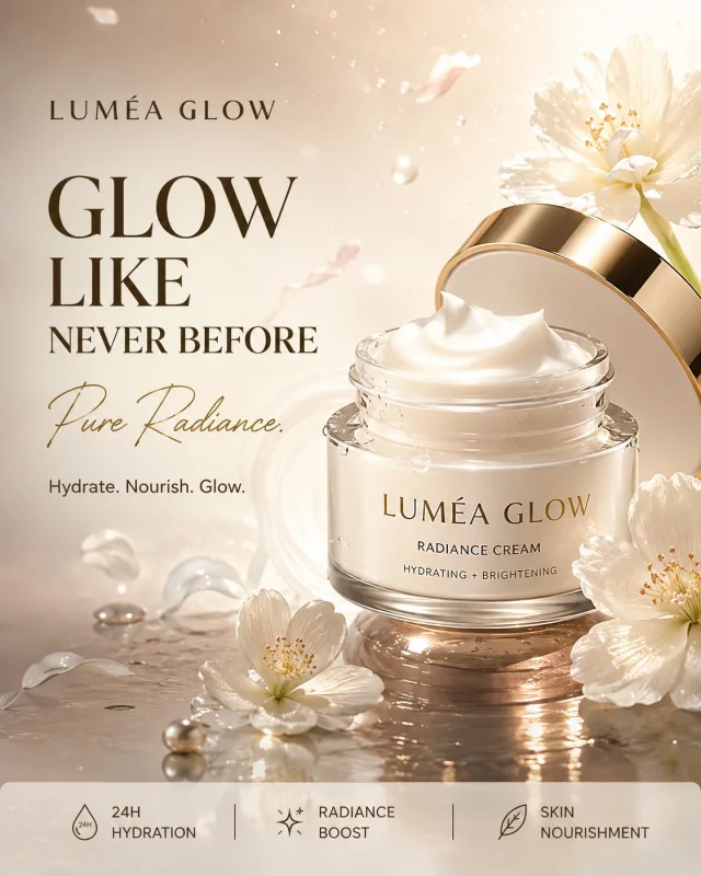 A premium photorealistic 4:5 skincare advertisement for a luxury face cream "LUMÉA GLOW" with a frosted-glass jar, white flowers, and elegant typography on a pearl-white palette.