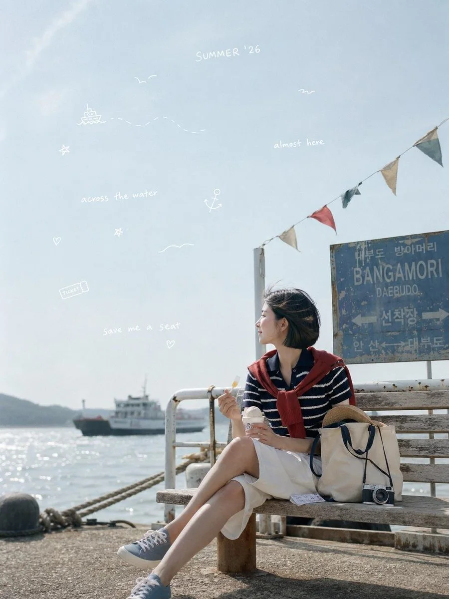 A cinematic summer diary photo variation with pastel film tones, a striped romper, and seashell doodles around the scene.