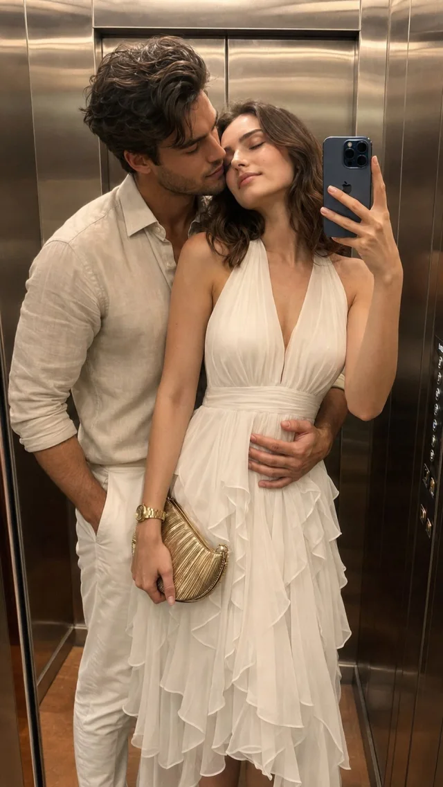 Romantic luxury elevator mirror selfie of a couple standing close together, with the woman in a white chiffon halter dress holding a phone and gold clutch.