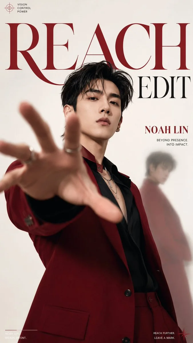 A Scarlet Index poster using a dramatic reaching gesture, high-fashion subject, red-black-white palette, and precise editorial magazine typography.