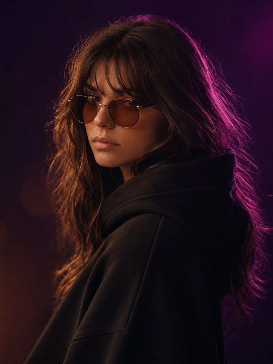 A cinematic close-up portrait of an elegant woman with voluminous wavy dark brown hair, round amber sunglasses and a black oversized hoodie, lit by violet-magenta rim light and warm champagne front light against a deep plum-purple background.