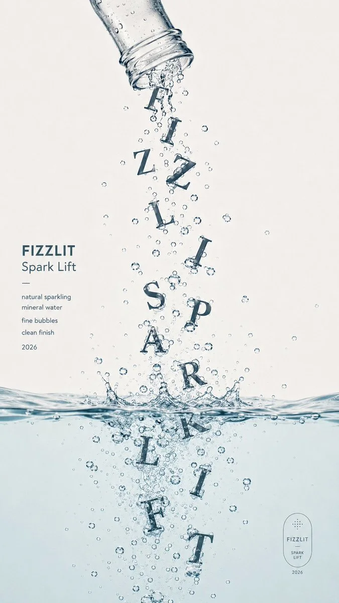A 9:16 experimental poster where a bottle pours letters into sparkling water with bubbles and refraction.