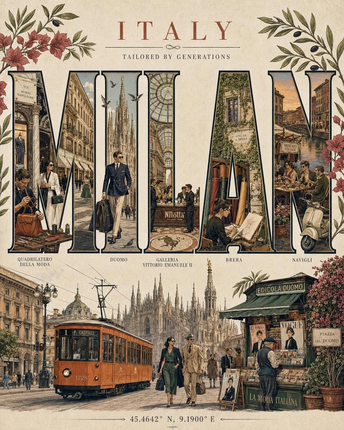 A fashion capital typographic poster where huge serif city letters are filled with landmarks, native flora, and a small elegant fashion figure.