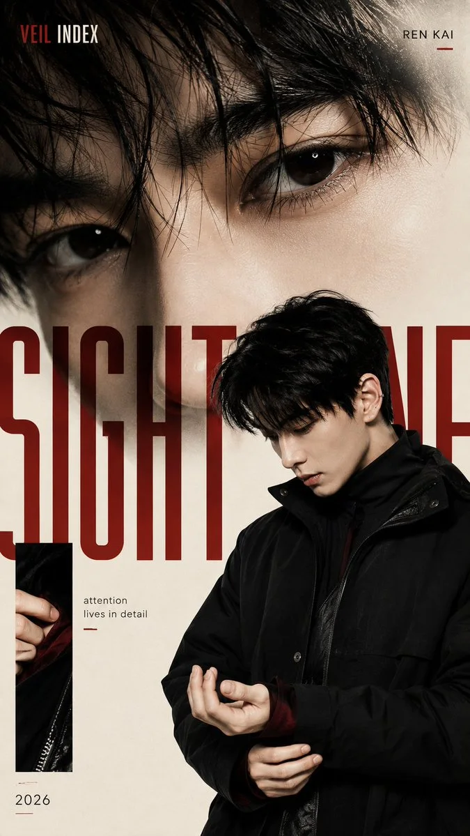 A Veil Index poster emphasizing the character’s enlarged gaze and consistent black coat styling with ivory background, burgundy typography, and editorial close-up framing.