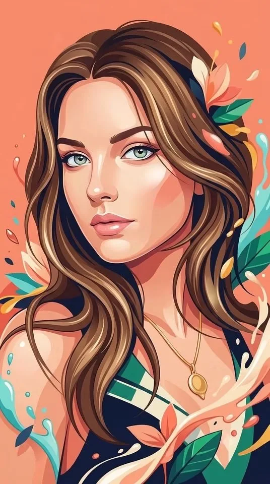 A glossy stylized vector-fantasy portrait of a woman with highlighted brown hair, turquoise eyes, leafy accents and coral/turquoise flowing splashes.