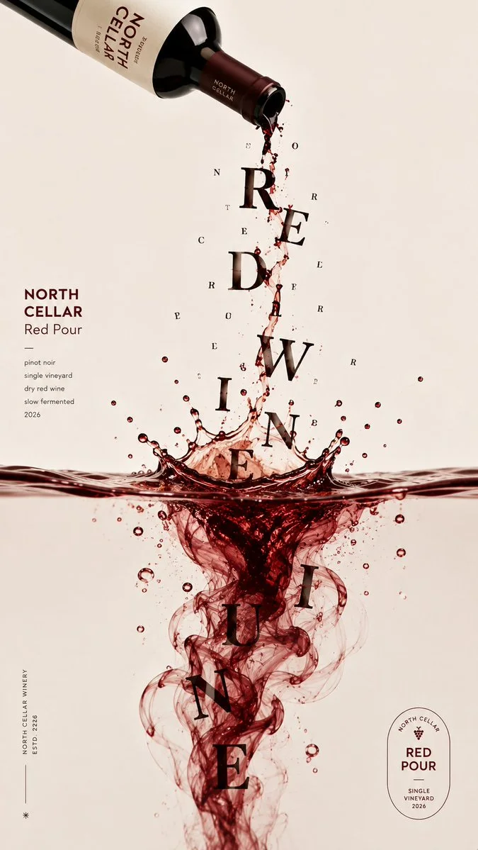 A 9:16 experimental poster where a tilted bottle pours brand letters that fall and enter a red wine surface with splashes.