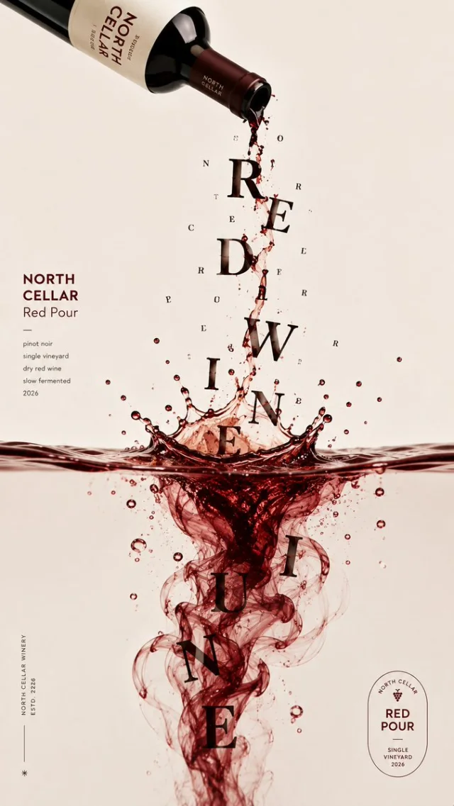 A 9:16 experimental poster where a tilted bottle pours brand letters that fall and enter a red wine surface with splashes.