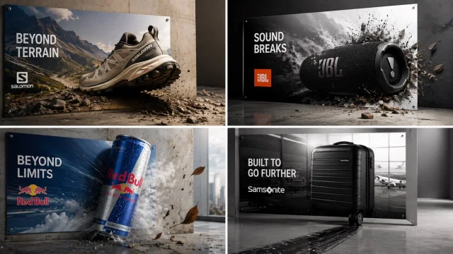 A 16:9 campaign where a product sits inside a poster/billboard and one part of it physically breaks out beyond the frame into real space.