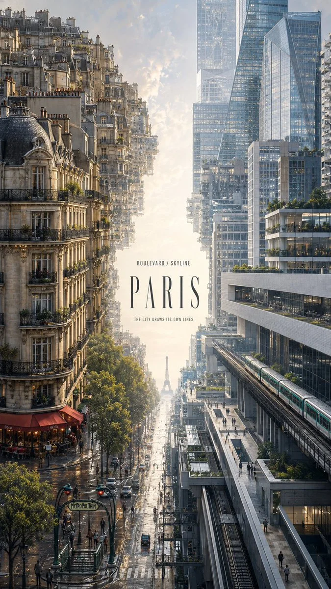 A premium 9:16 Paris two-sided editorial city poster, classic boulevard architecture facing modern glass skyline, with central PARIS typography.