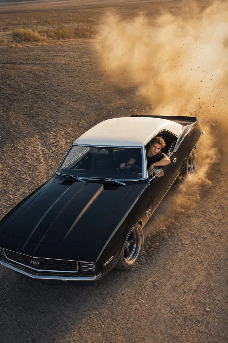 A cinematic Kodak Portra-style car photo of a classic Camaro drifting on an open desert road with long dramatic shadows and warm sunset light.