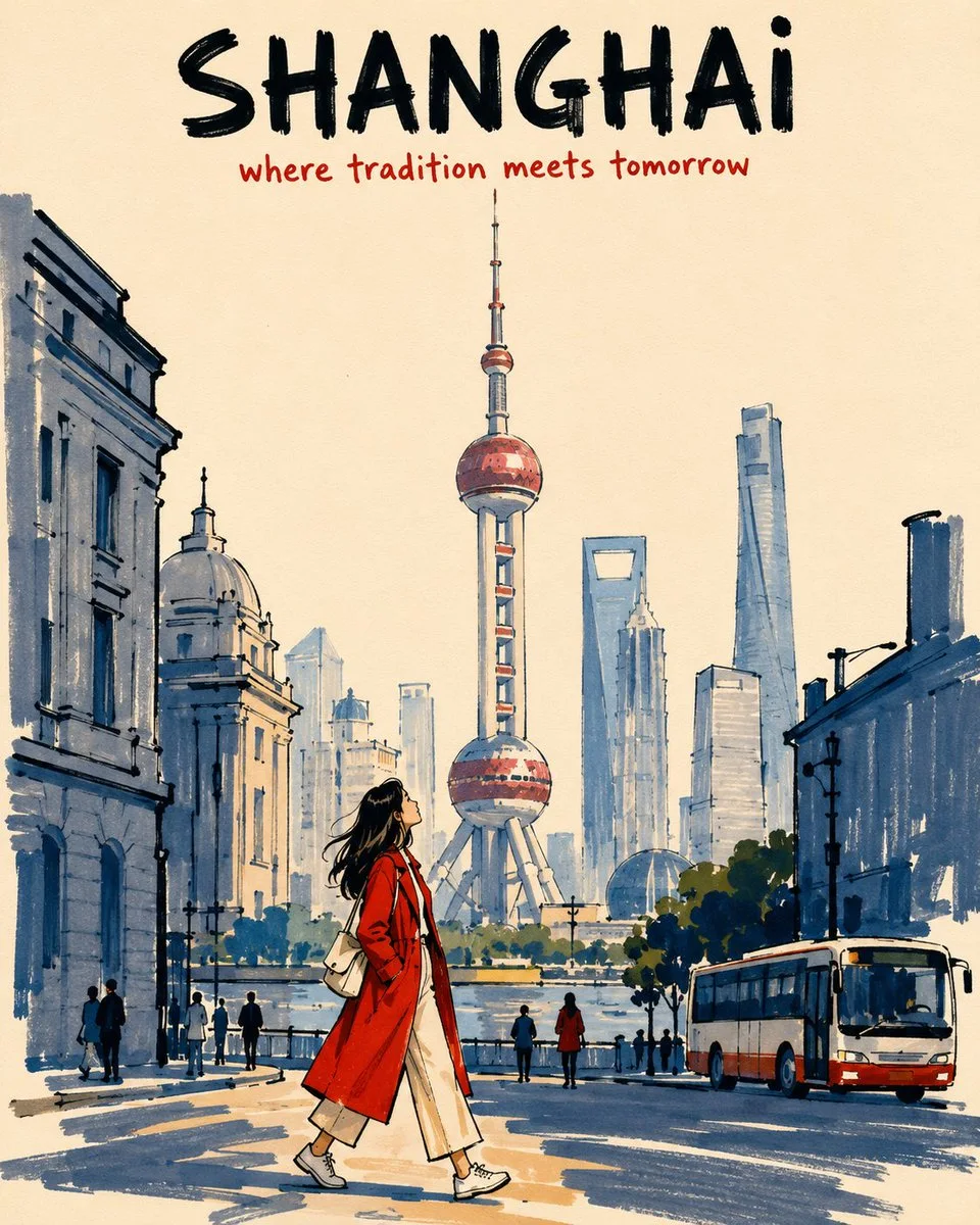 A warm alcohol-marker Shanghai travel poster showing the Oriental Pearl Tower and skyline, bold black title, red subtitle, bus, riverfront architecture, and a red-coated traveler in the foreground.