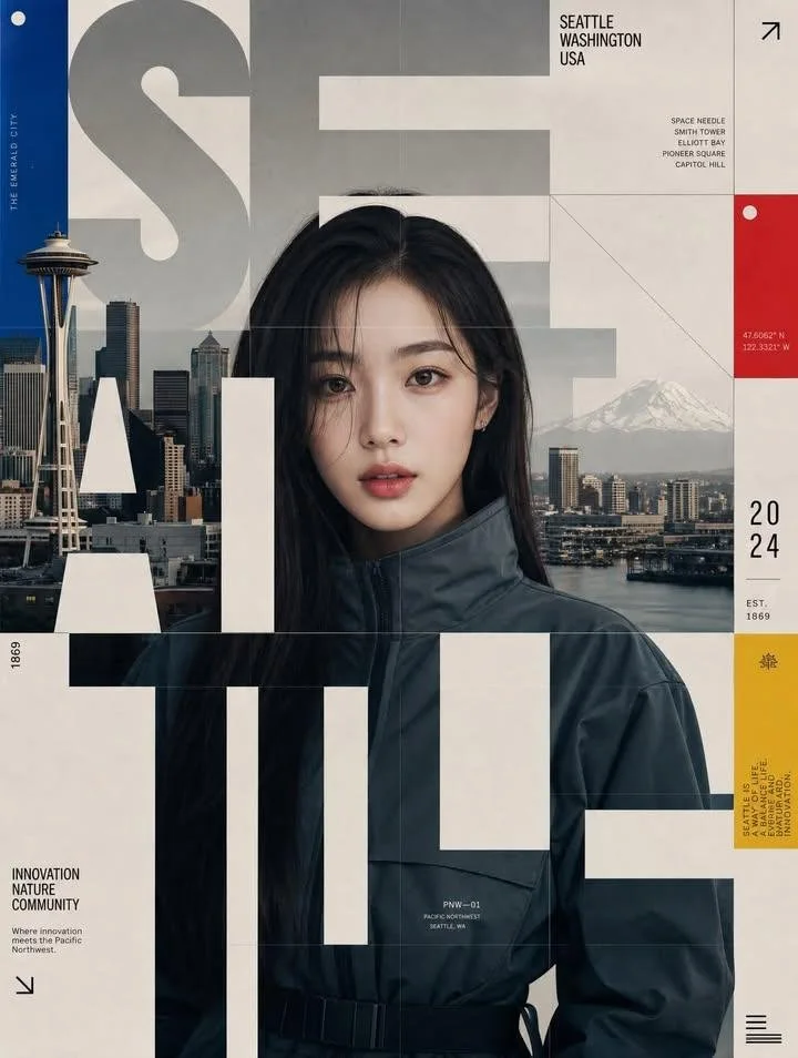 A Swiss-style SEATTLE poster with a Korean female idol portrait, giant gray/white typography, Space Needle, city skyline, mountain backdrop, red/blue/yellow accents, and precise grid details.