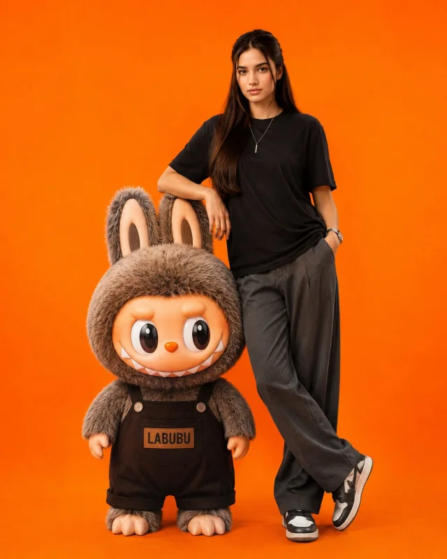 An ultra-realistic full-body fashion portrait of a young woman in black streetwear leaning beside an oversized furry bunny-like collectible character on a vibrant orange studio background.