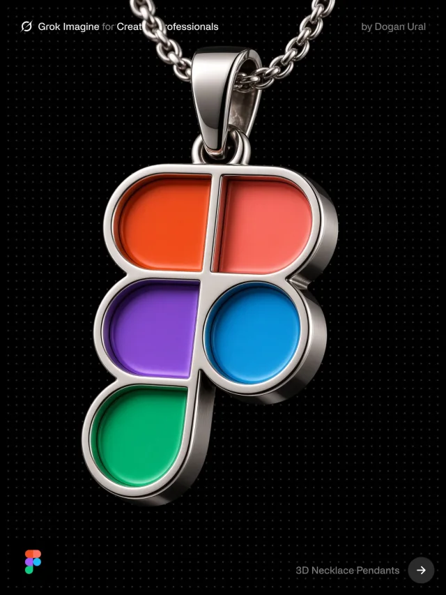 A premium silver necklace pendant version of the Figma logo, with raised polished metal borders, colorful recessed enamel cells, realistic bail and chain, black background, and high-end jewelry product lighting.