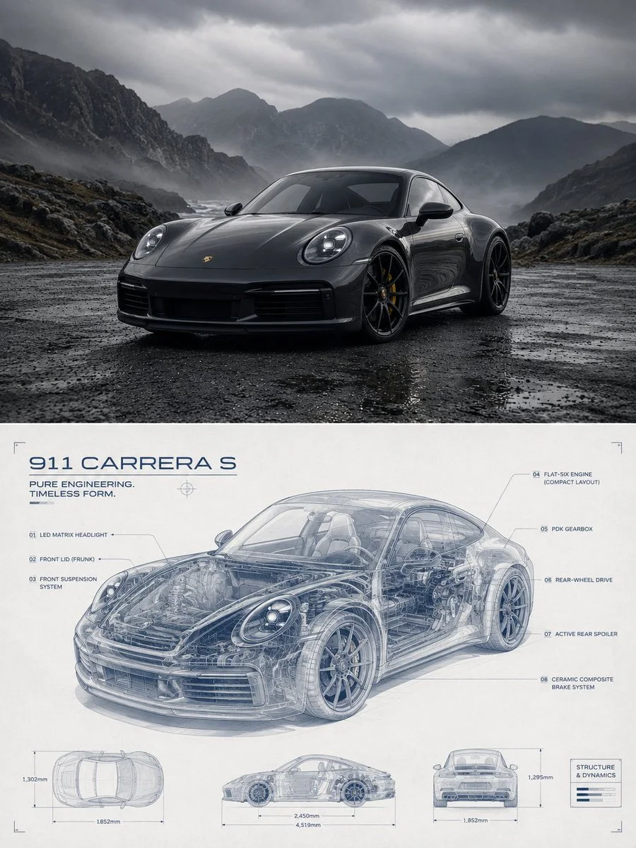 A 3:4 poster with a Porsche 911 photo on top and a blue transparent technical blueprint of the car structure and dimensions below.