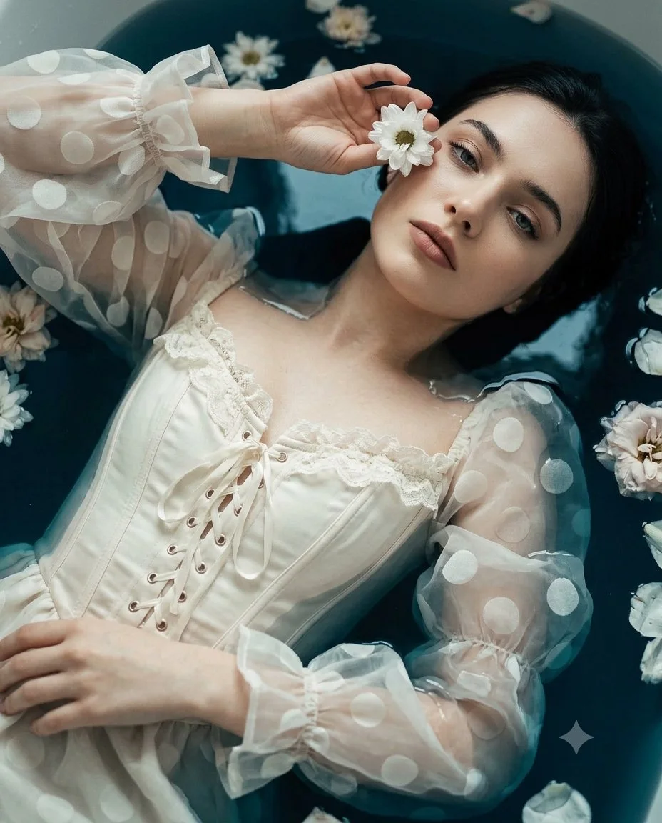 A water portrait variation with a woman in an ivory lace dress floating among pale flowers on a dark reflective surface.