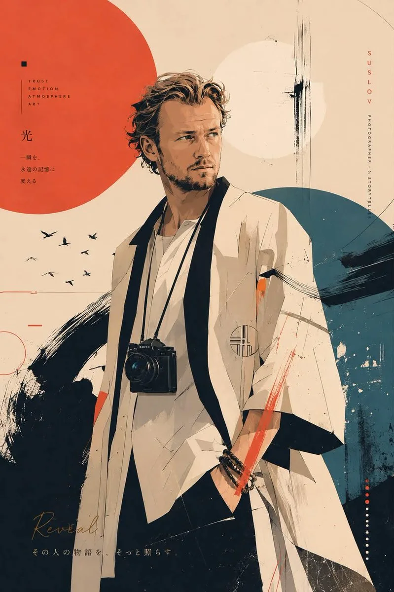 A personal visual identity poster of a male photographer in a white robe-like jacket with camera, red and teal circles, brush strokes, birds, Japanese text, and handwritten word “Reveal.”