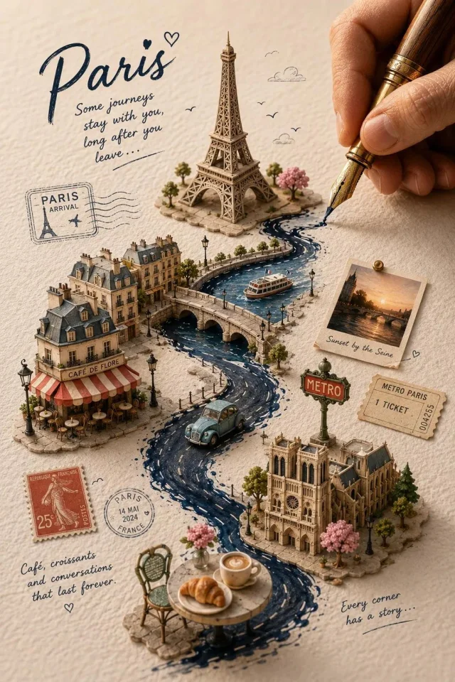 Handcrafted travel journal poster with a fountain pen drawing an ink path through miniature city landmarks and travel memorabilia.