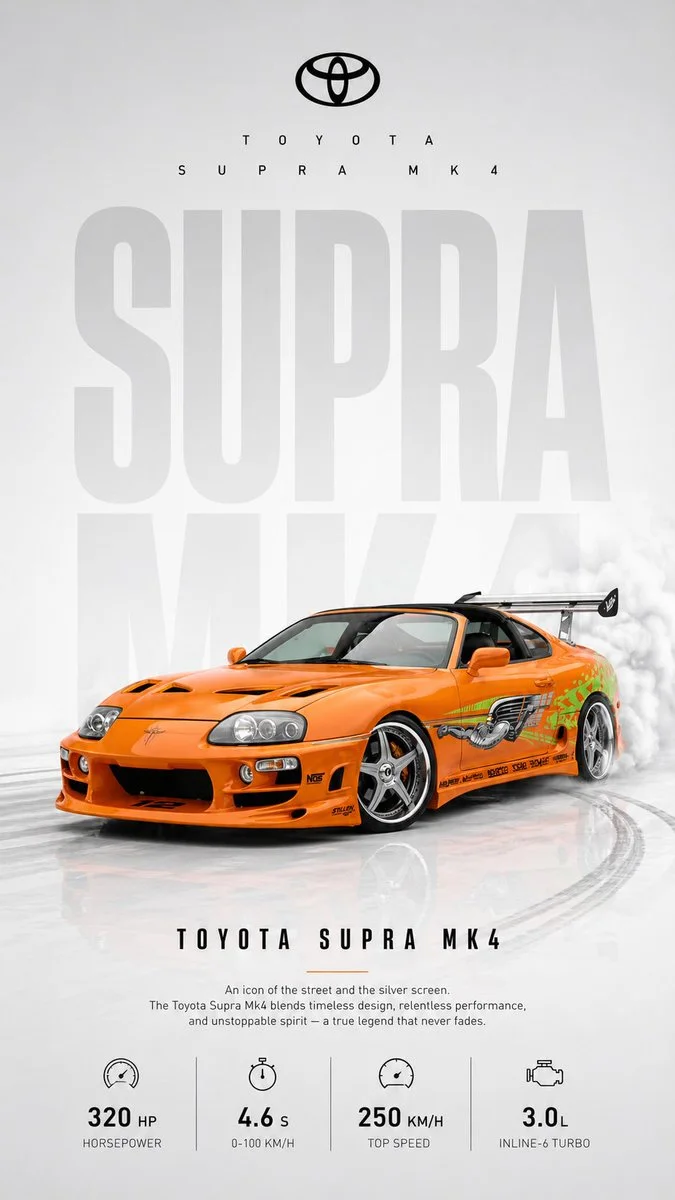 An editorial automotive poster showing a replicated car with controlled rear tire smoke and a clean specifications layout.