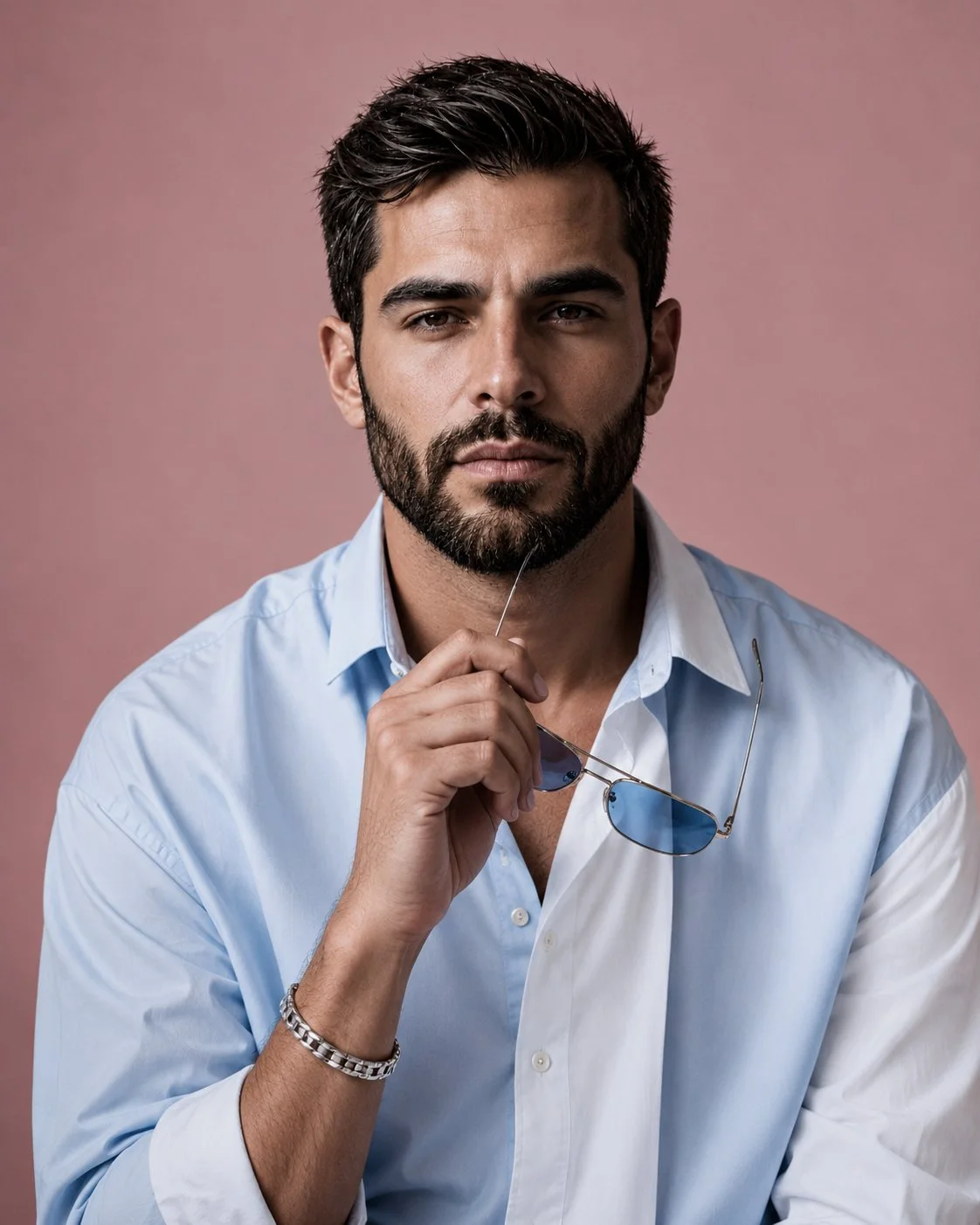 A photorealistic editorial studio portrait of a bearded man in an oversized light-blue and white color-blocked shirt, holding blue-tinted aviator sunglasses near his chest and chin, against a pastel dusty-pink background.