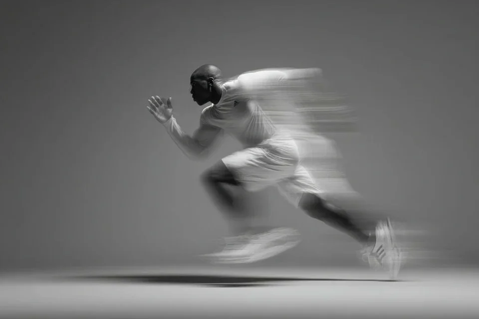 A minimalist sport advertising image of a runner in a white kit sprinting across a gray studio background with strong horizontal motion blur and high-contrast silhouette.