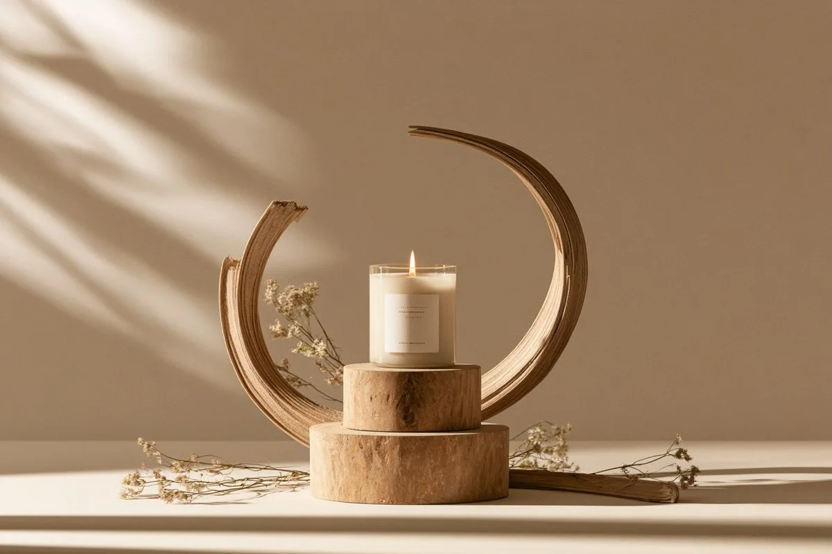 A premium studio product photo of a lit candle on round wooden plinths framed by curved wood strips and dried flowers in warm beige light.