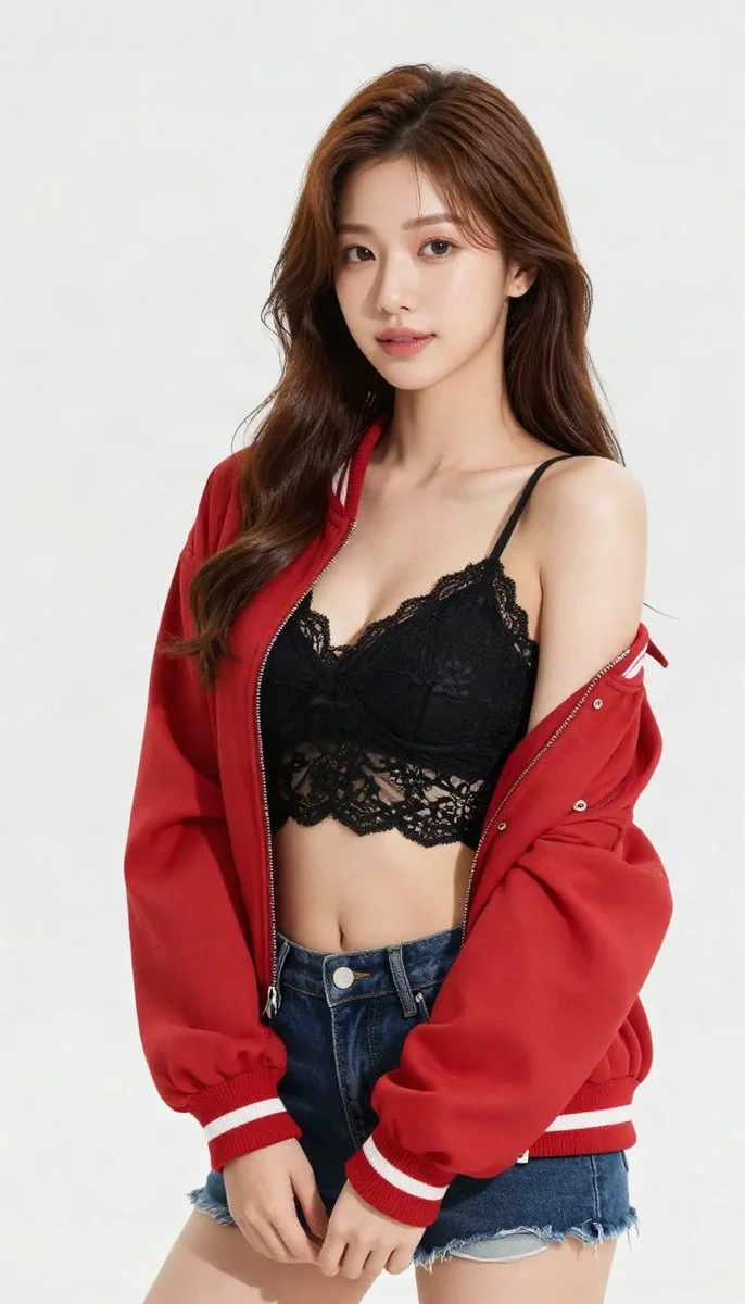 A 9:16 editorial portrait of a woman with a playful smile in a red jacket and lace camisole on a horizonless white field.