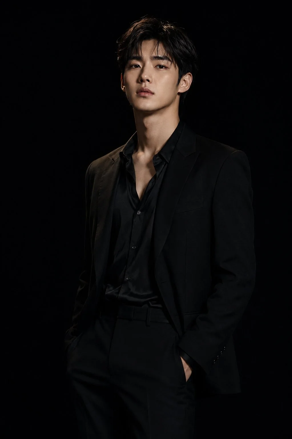 An ultra-realistic high-fashion studio portrait of a young Korean man in a black tailored suit and open black silk shirt, standing against a deep matte-black background with minimal cinematic lighting.